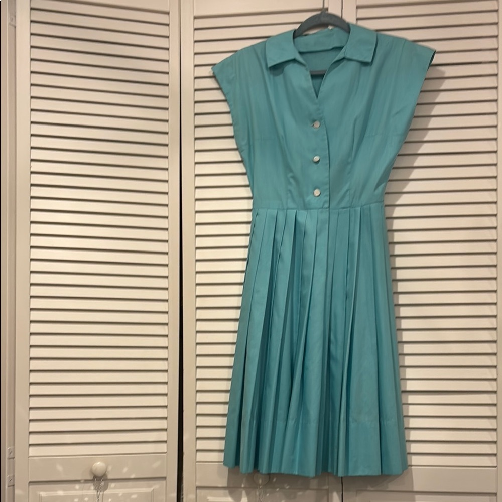 Vintage Handmade Teal Pleated Dress with Buttons
